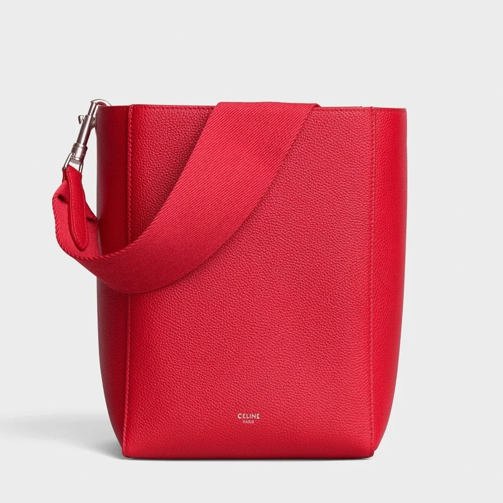 Celine Sangle Small Bucket Bag, Small Grain Calfskin, Red, Like New - Picture 2 of 15